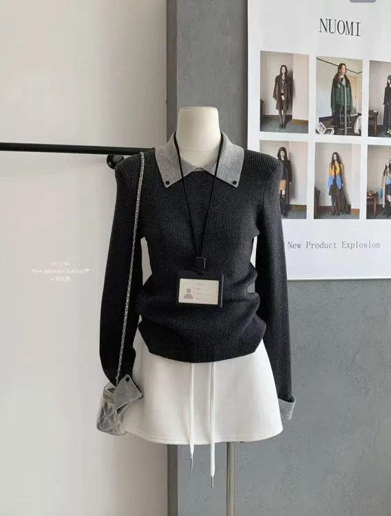 （G712）2025秋季新款女拼色修身POLO上衣假两件针织打底衫女