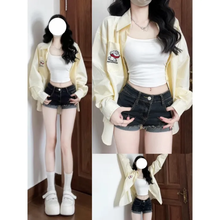 MARIE.COCO巨好看一整套甜辣风穿搭小清新衬衫开衫小吊带热辣短裤