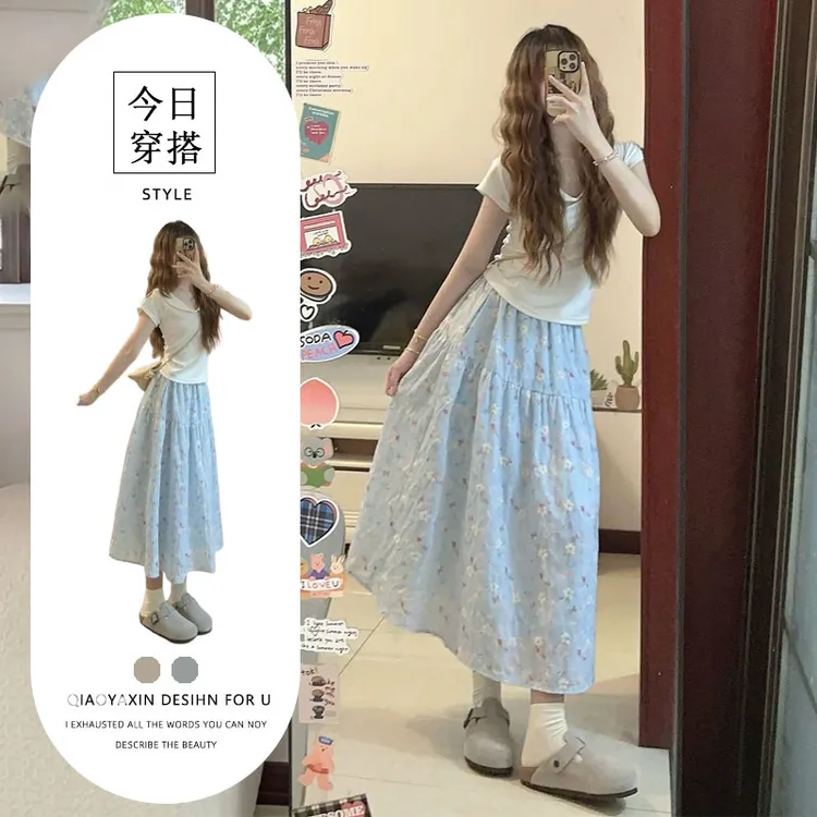 2025年夏日新款搭配一整套胖mm短袖T恤半身短裙巨好看两件套装女