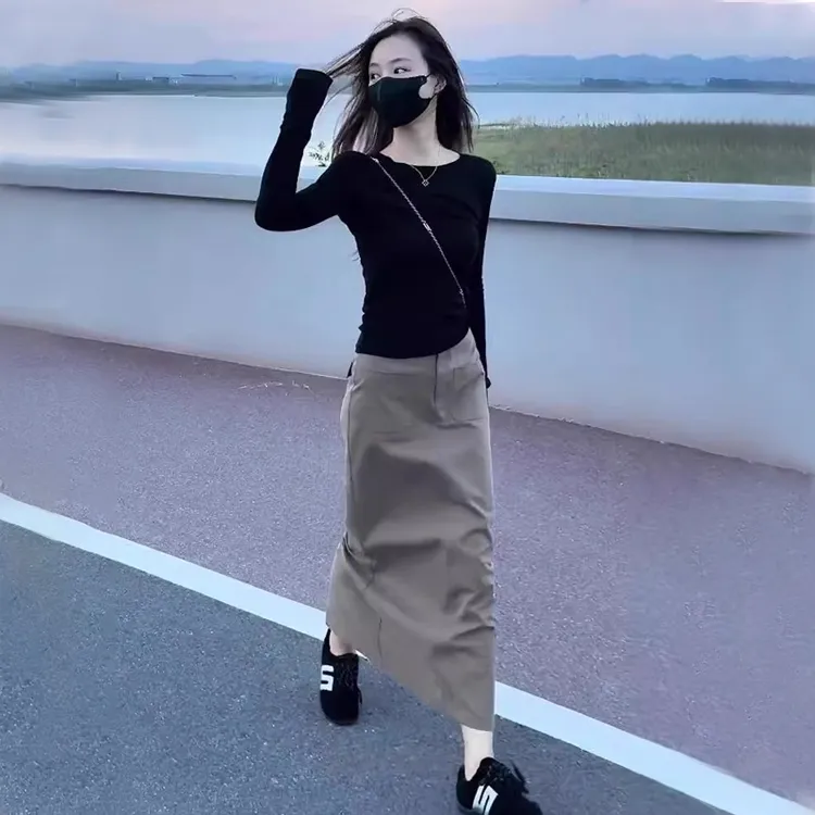 2025春秋季新款女士巨好看的两件套高级感修身长袖T恤半身裙套装