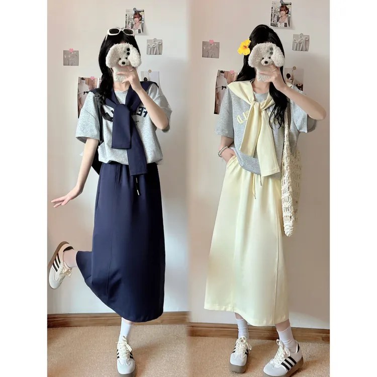 3120#大码春夏韩系简约风学院风休闲运动风T恤配披肩＋半裙套装