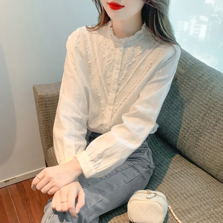 春秋2025年新款立领蕾丝花边纯棉衬衫女洋气全棉气质长袖女士衬衣