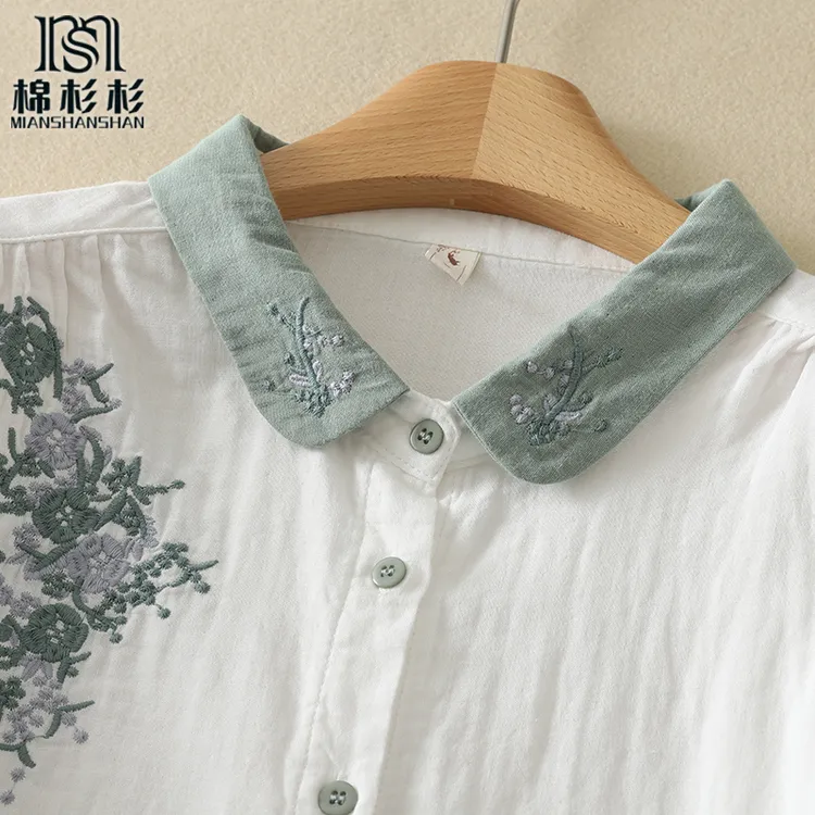长袖衬衫上衣女刺绣花工艺双层棉纱休闲纯棉衬衣女文艺复古拼色领