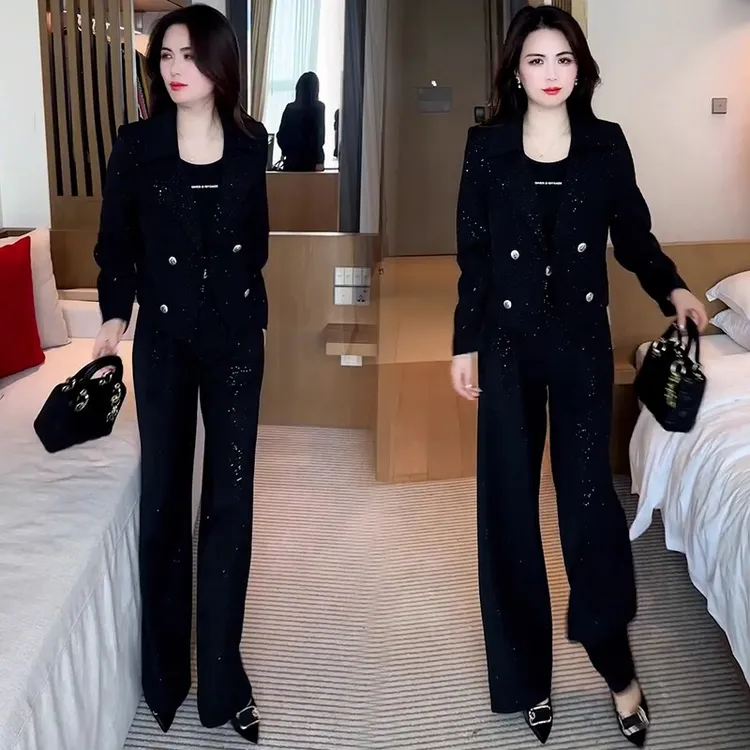 时尚套装女2025春季新款时髦洋气显瘦重工细闪短外套阔腿裤两件套