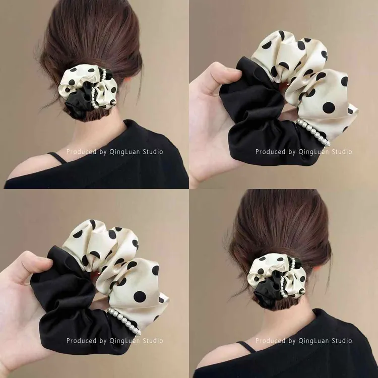 赫本波点~复古波点珍珠链条大肠发圈女高级感丸子头发绳旅行头花