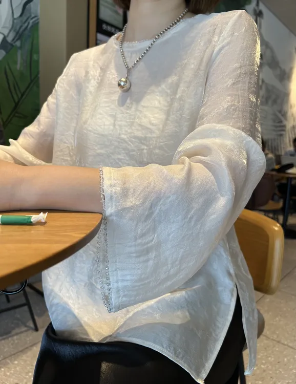 爆款新中式提花钉珠圆领百搭设计感宽松气质显瘦款衬衫时尚百搭