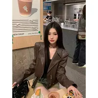 秋季新款史塔克短款百搭夹克辣妹棕色长袖春上衣机车服Pu皮外套女