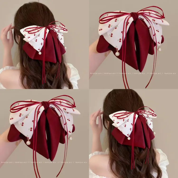 樱桃蝴蝶结飘带抓夹女2025新款高级感后脑勺盘发鲨鱼夹子头饰发夹