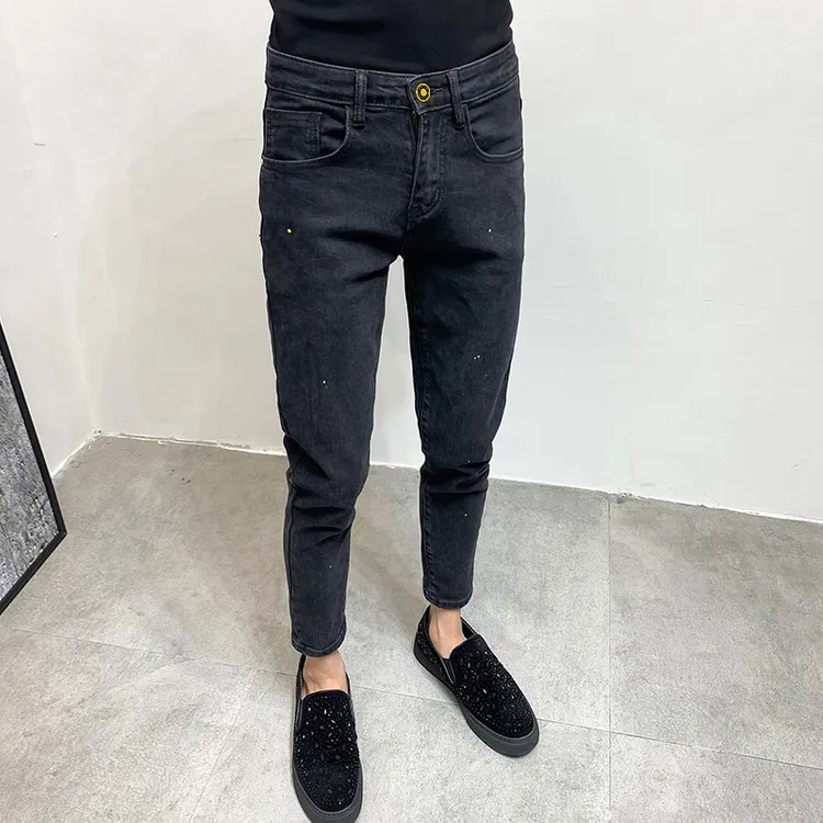 潮流泼漆黑灰牛仔裤男2025新款修身小脚裤早秋韩版百搭爆款九分裤