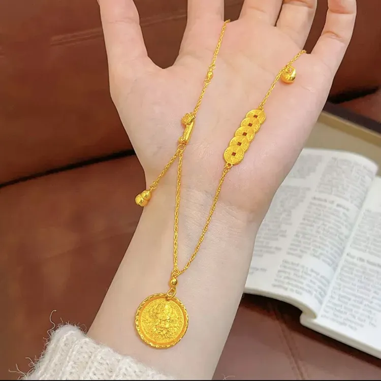 铜合金项链 新中式复古吉言黄财神五帝钱如意圆牌吊坠项链