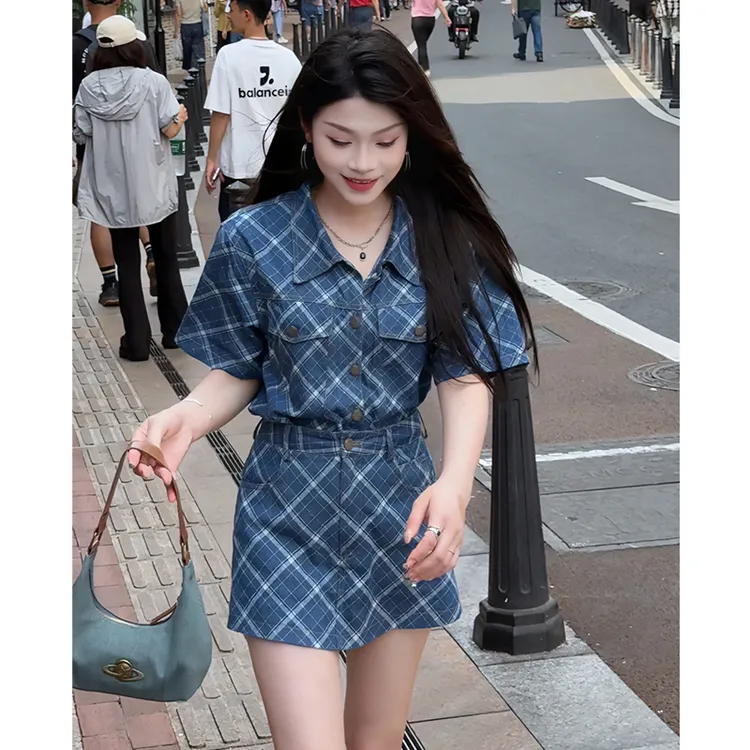 巨好看的两件套夏装姐系贵感港风复古高级感蓝色牛仔上衣短裤套装