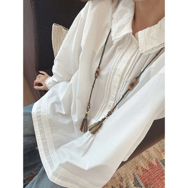 【唐悠悠mgdm】镂空拼接甜美褶皱双层领花边白色长袖衬衫女舒适棉