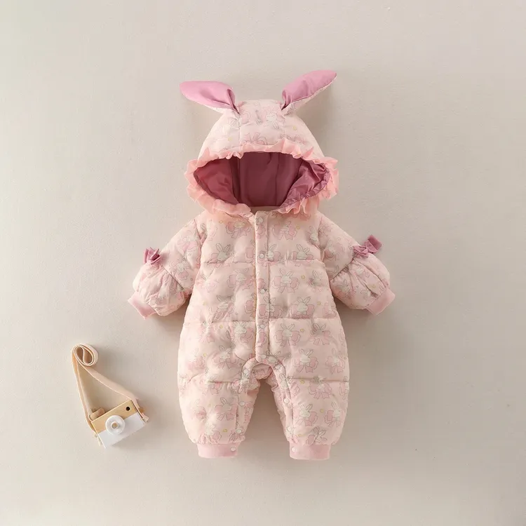婴幼儿女宝宝冬季加绒加厚棉服连体衣小兔子可爱外出服连帽子