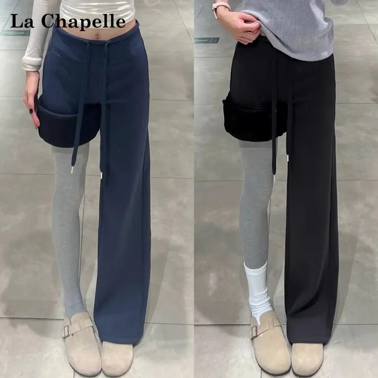 拉夏贝尔加厚运动裤女秋冬垂感显瘦瑜伽卫裤小个子宽松慵懒阔腿裤
