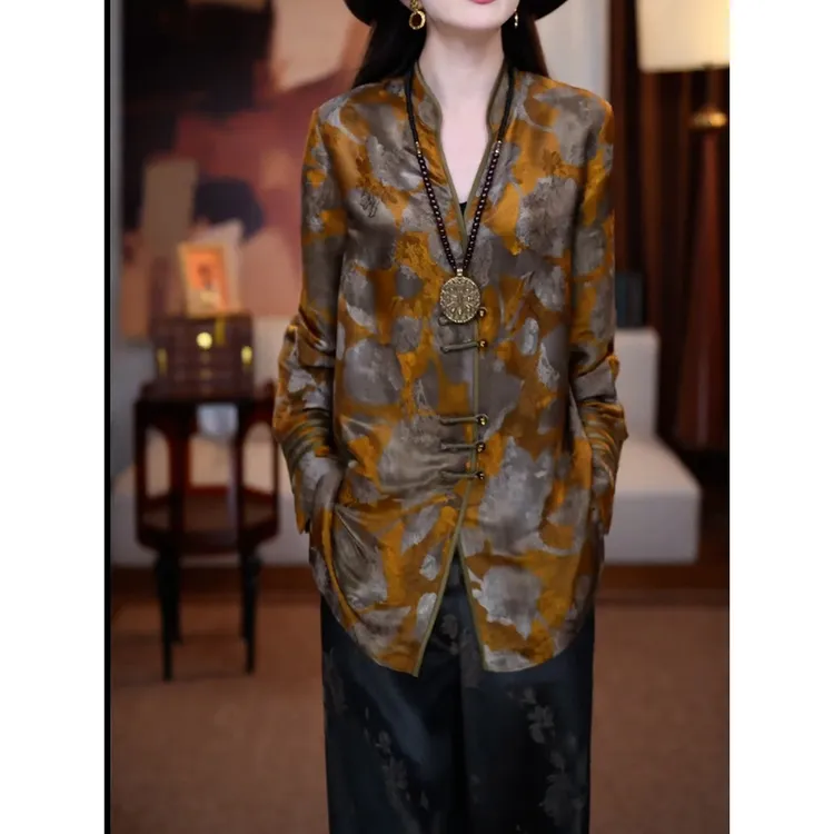 新中式复古国风裤套装女2025秋季新款轻奢端庄优雅印花衬衫+长裤