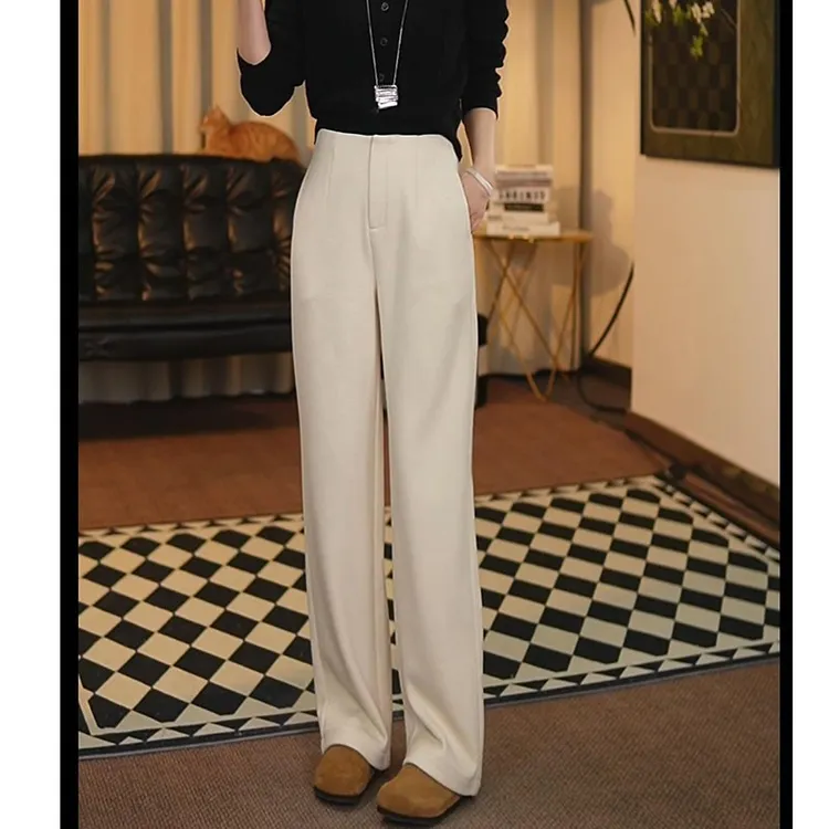 拉夏贝尔米白色毛呢阔腿裤女冬加厚高腰直筒显瘦百搭休闲拖地裤