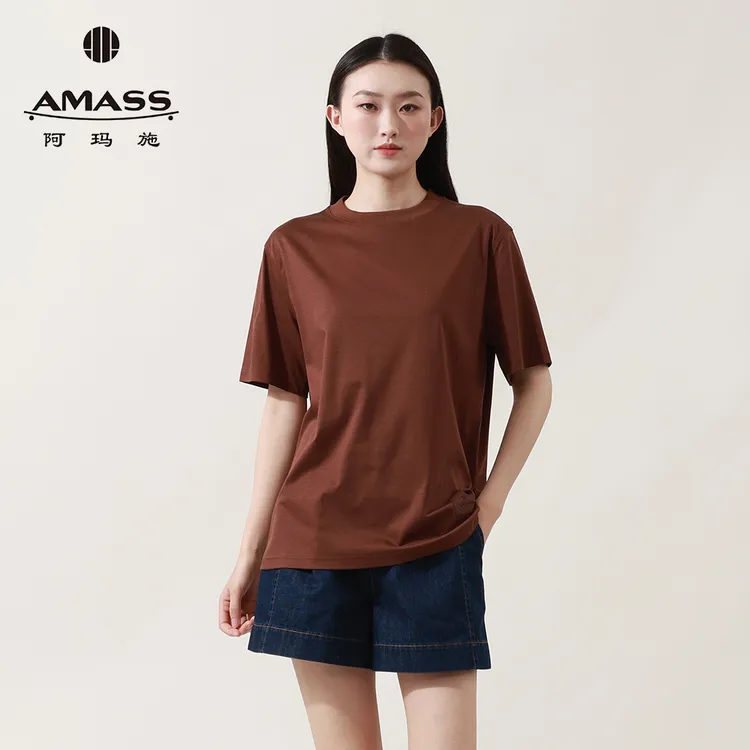 阿玛施AMASS基础款咖色休闲百搭圆领宽松纯色短袖T恤女装5300902
