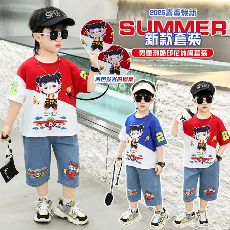 新款儿童透气休闲短袖T恤搭配时尚帅气七分牛仔裤宝宝潮童装