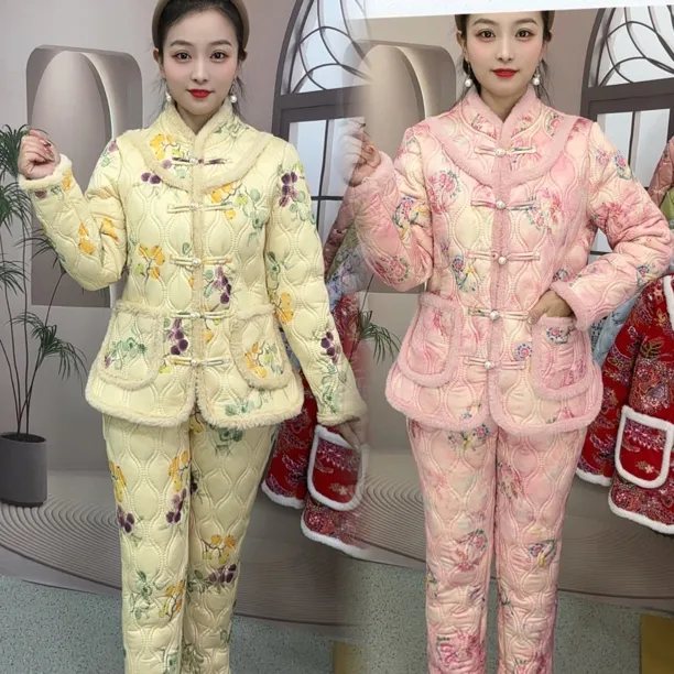 2025冬季加绒加厚新中式国风修身显瘦保暖时尚套装两件套