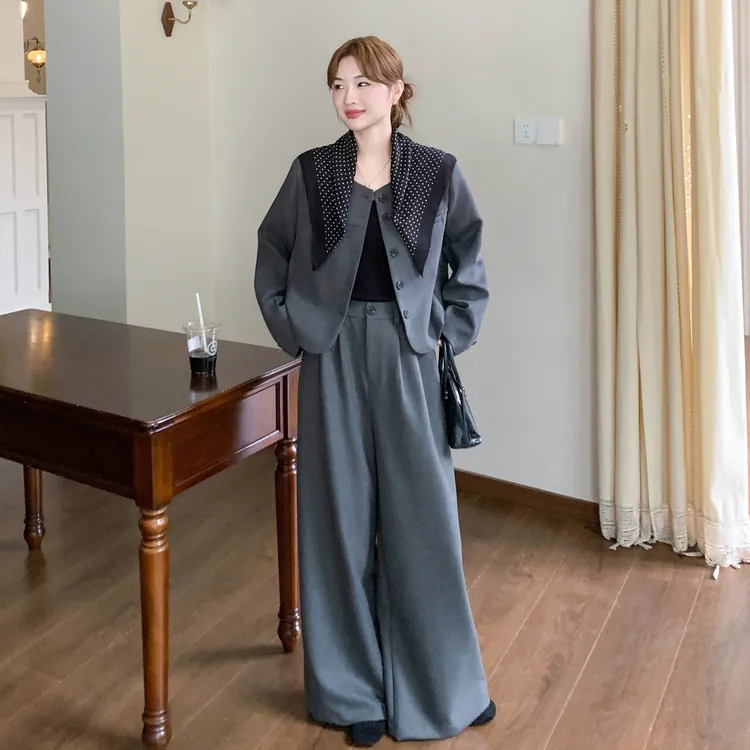 老钱风时尚气质休闲西服套装女2025秋季新款慵懒垂感阔腿裤两件套