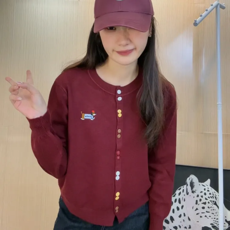 韩系早秋新款多巴胺腊肠狗针织开衫女针织减龄洋气圆领上衣