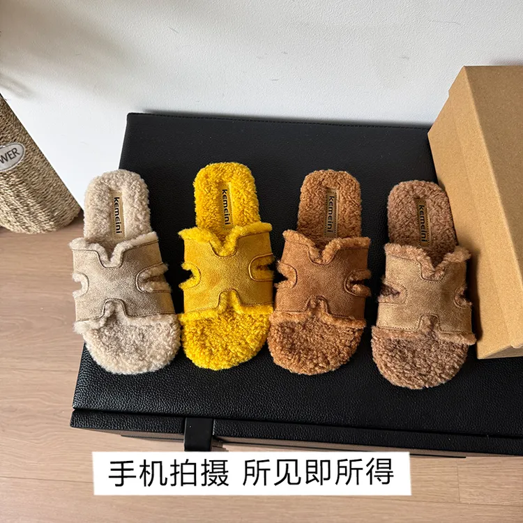 韩版二舅毛毛拖鞋女外穿2025年秋冬新款加绒平底防滑毛茸茸棉拖鞋