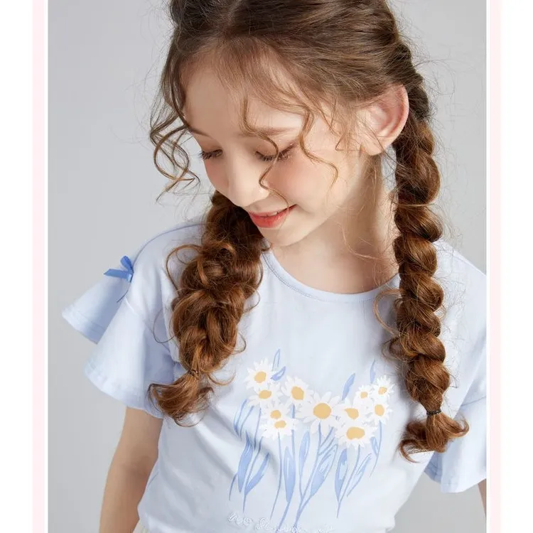 女童夏装短袖T恤2025女孩夏季上衣荷叶边半袖设计感儿童装棉T飞袖