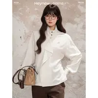 LOVEHEYNEW杏色条纹双排扣立领绑带衬衫女秋冬季减龄上衣-5D034