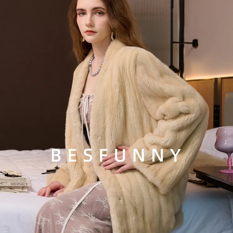 Besfunny米黄貂本色中款喇叭袖全抽刀显白时尚水貂皮草貂皮大衣女