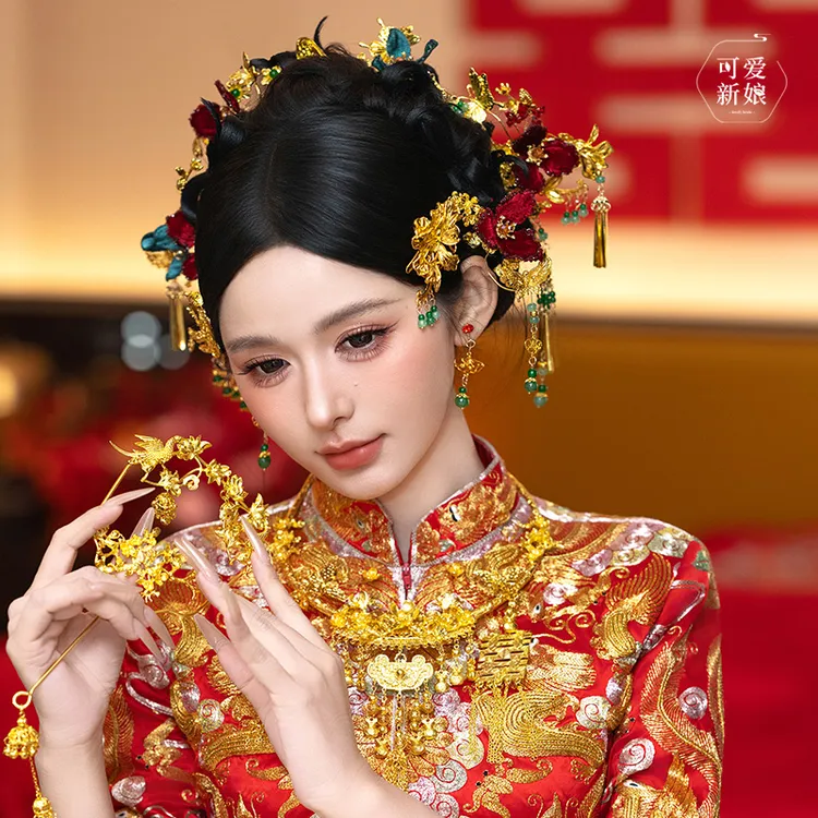 龙凤褂新娘重工头饰复古红蓝撞色绒花发簪中式秀禾晨袍发饰HZ1377