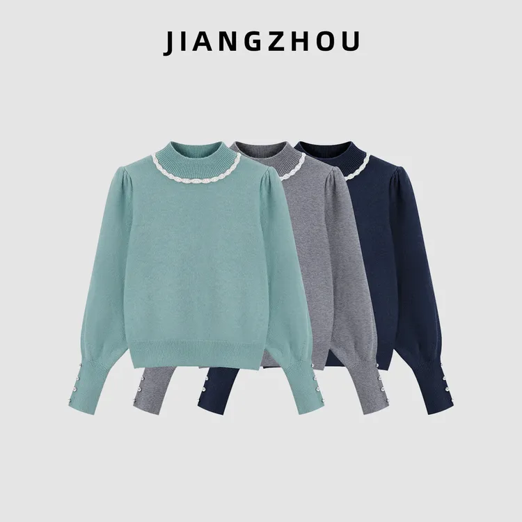 江洲【优雅】加厚秋冬新款温柔风手工钉钻公主肩羊腿袖羊毛打底毛衣