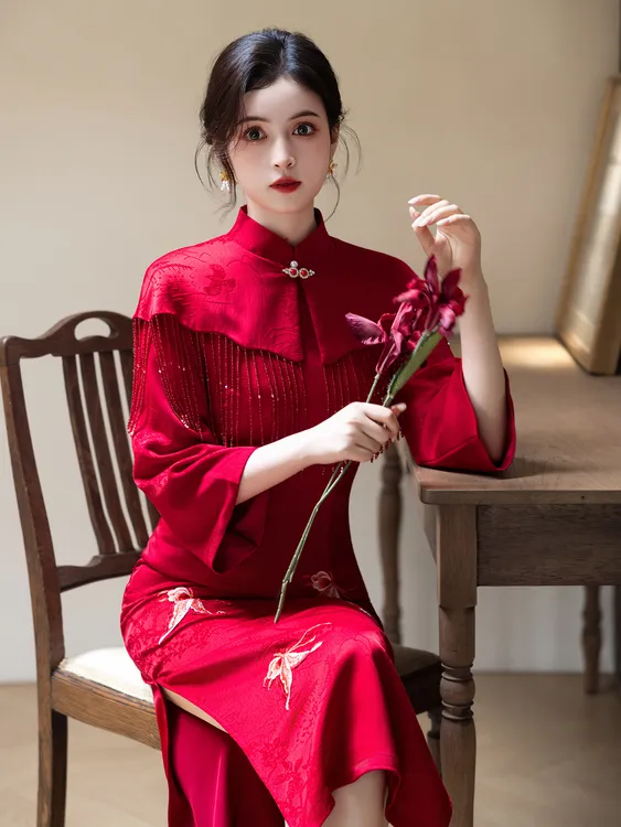红色敬酒服新娘旗袍新中式订婚礼服裙小个子结婚年轻款长袖女冬季