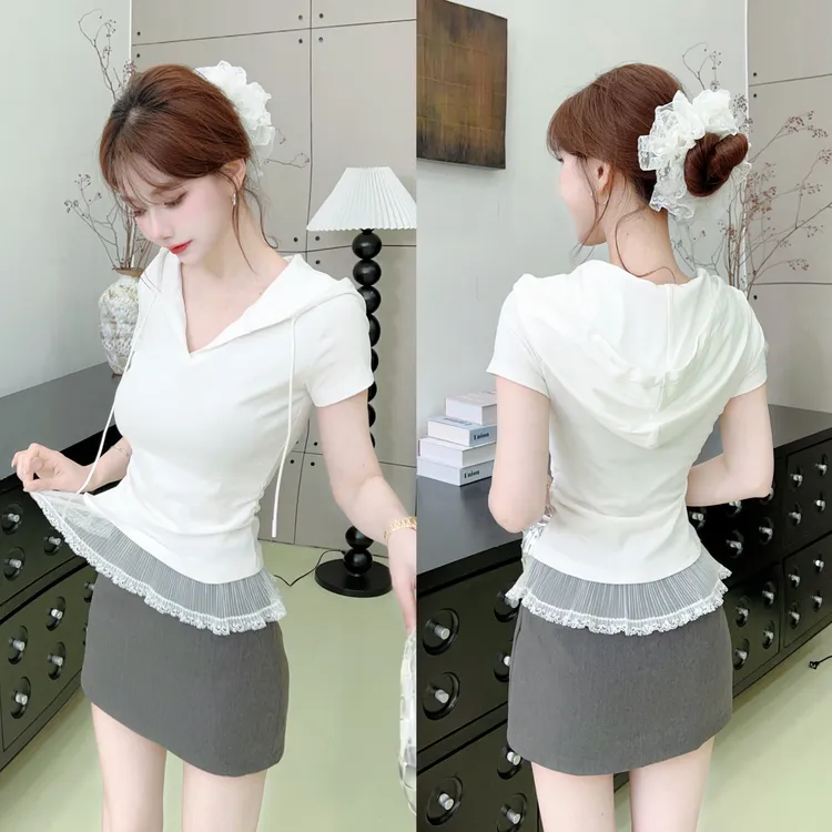 卡卡《彼得潘型》蕾丝花边polo领收腰显瘦短袖T恤#8562