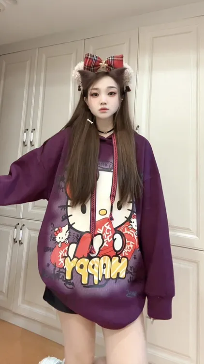 [484.485加绒连帽卫衣]发财凯蒂猫卡通加绒连帽卫衣休闲宽松卫衣