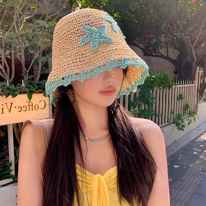 夏季小清新草编手工花朵水桶草帽子女沙滩度假遮阳太阳编织渔夫帽