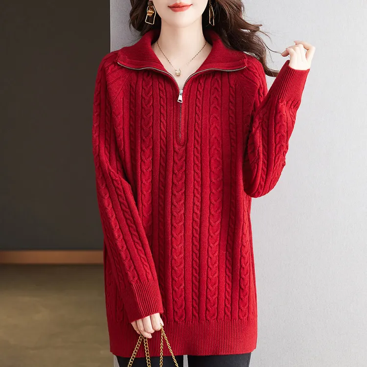 红色毛衣秋冬大码女装洋气中长款针织上衣宽松显瘦遮肉翻领打底衫