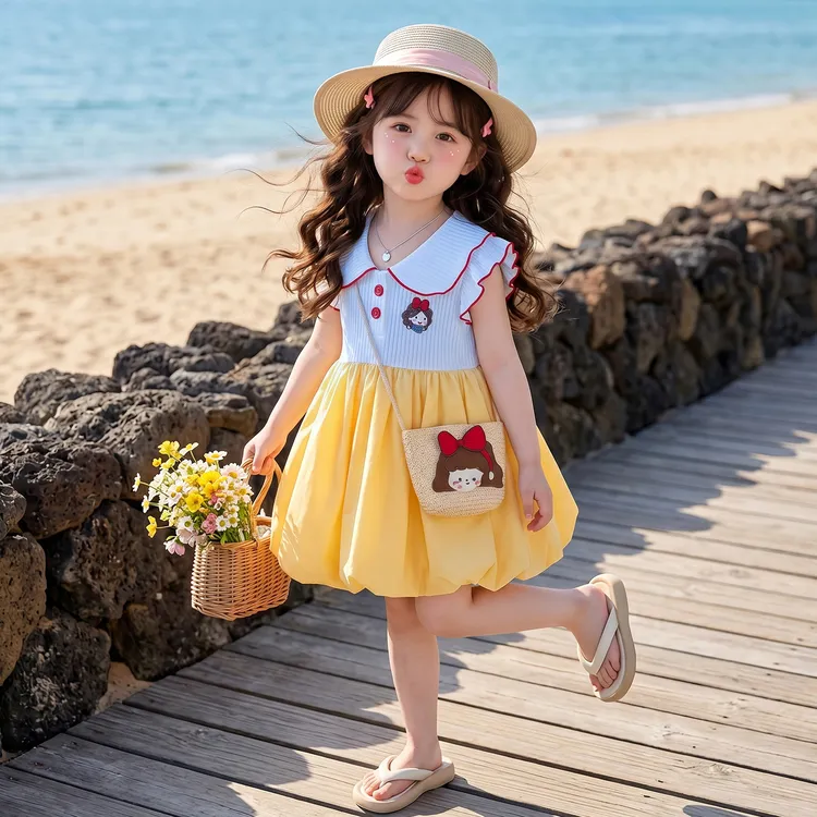 女童白雪公主花苞裙2026夏季新款娃娃领连衣裙女孩夏款飞袖裙子