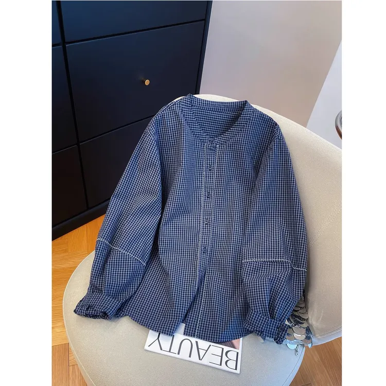 复古格子刺绣拼接长袖衬衫女2025早秋宽松洋气格纹设计感开衫上衣