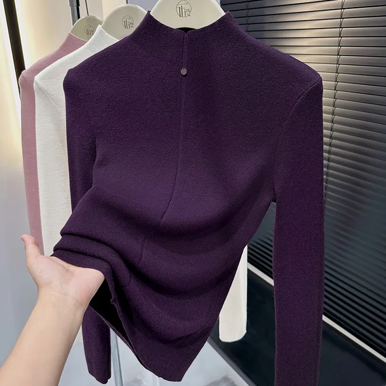 高档紫色保暖内搭针织衫上衣女秋季新款高级感显瘦半高领长袖T恤