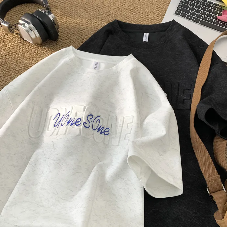 美式发泡字母圆领短袖t恤男夏季设计感小众宽松休闲重磅半袖衣服