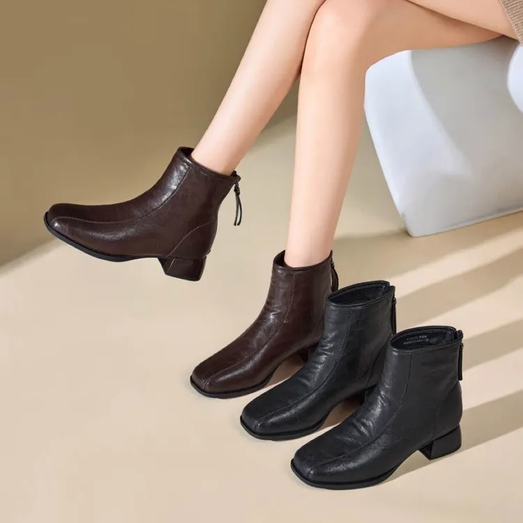 法式复古女靴子短靴低跟粗跟皮靴方头秋冬