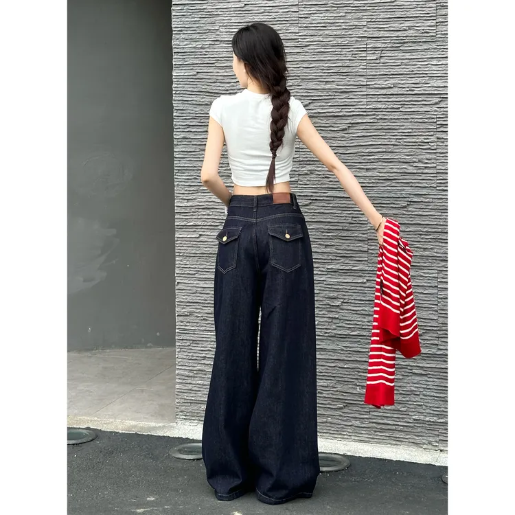 加绒丹宁原色阔腿裤女2025年冬季新款高腰宽松大裤脚垂感拖地长裤