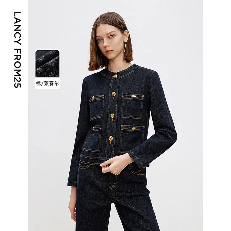 朗姿法式气质高级感上衣2025冬季新款小香风短款牛仔外套设计感