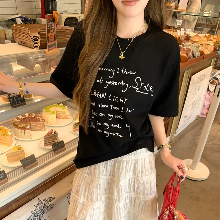 纯棉短袖t恤女2025夏季新款美式宽松半袖百搭网红纯欲慵懒风女装