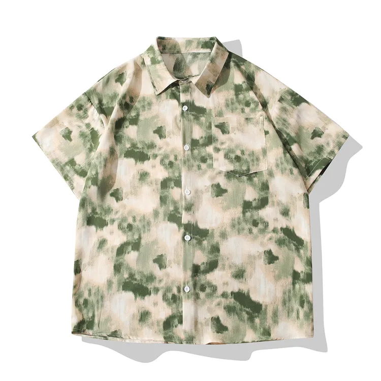 【冰丝上新】渐变夏季印花薄款短袖男衬衫宽松情侣复古国潮休闲百搭