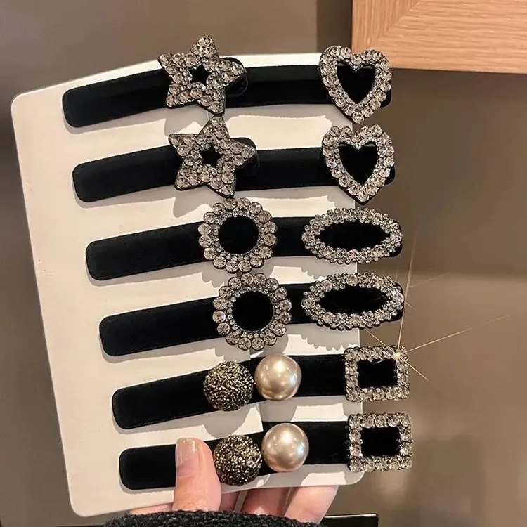 秋冬黑色小香风丝绒BB夹气质女后脑勺发夹水钻高级感边夹发卡夹子