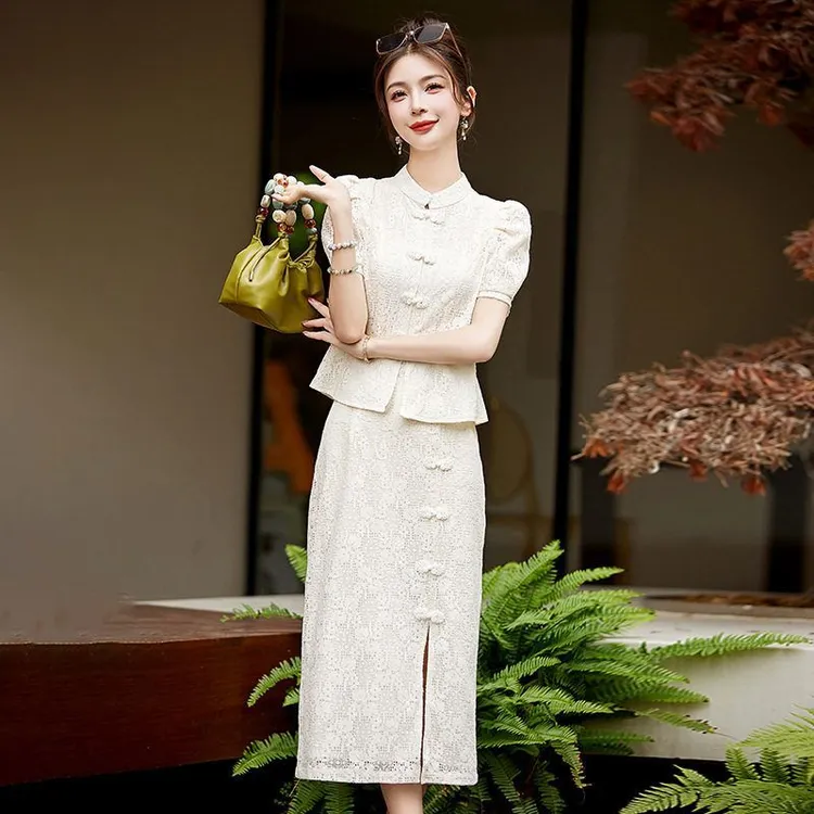 新中式国风蕾丝改良旗袍套装女2025夏季新款气质名媛半身裙两件套