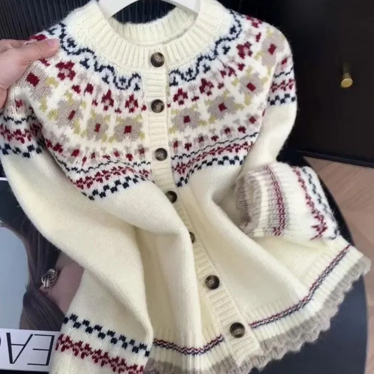 针织费尔岛时尚百搭韩系加厚质感毛衣设计感开衫上衣秋冬针织衫