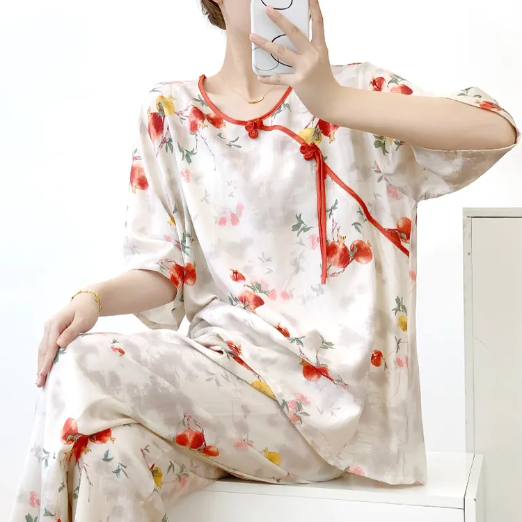 新中式国风睡衣女短袖夏季绵绸薄圆领透气棉绸复古风家居服可外穿