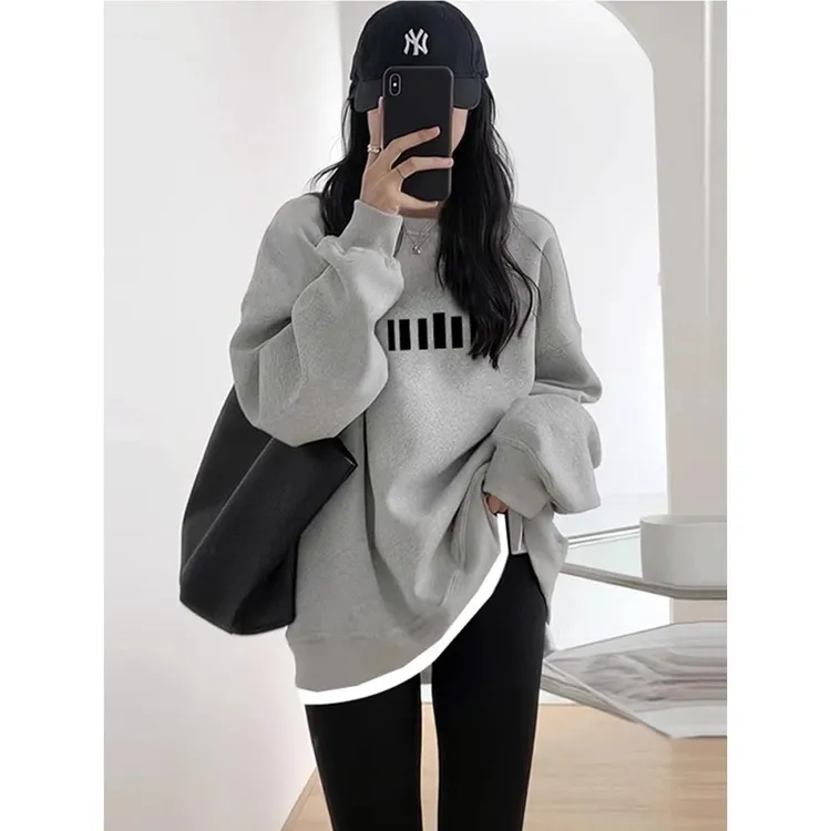 假两件韩版女春秋新款2025爆款时尚洋气宽松秋冬加绒中长款遮屁股